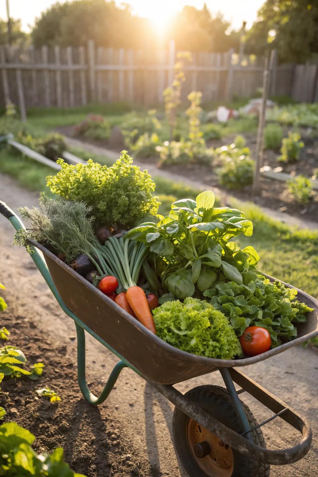 A wheelbarrow turned into an edible garden