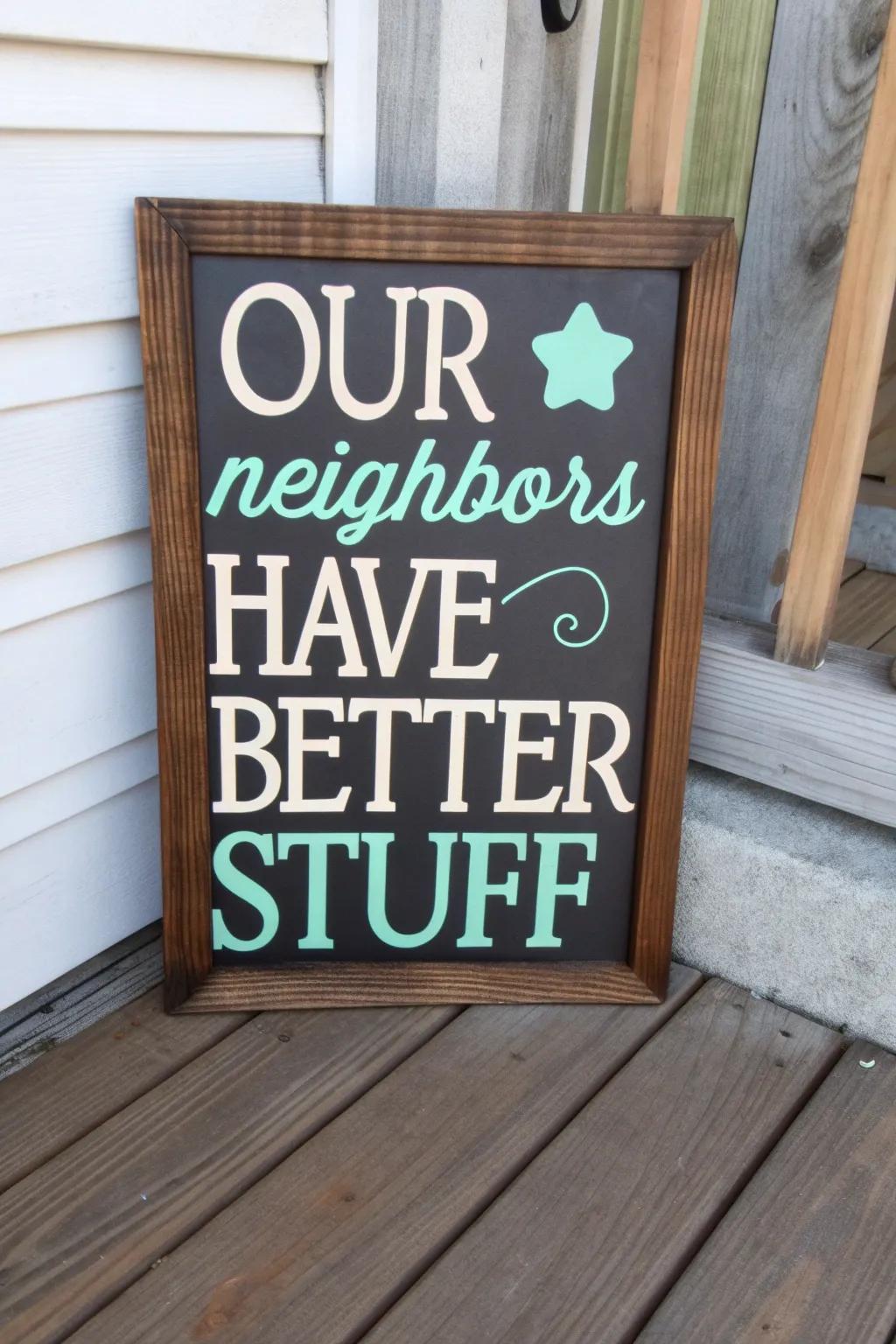 A humorous porch sign with a playful twist