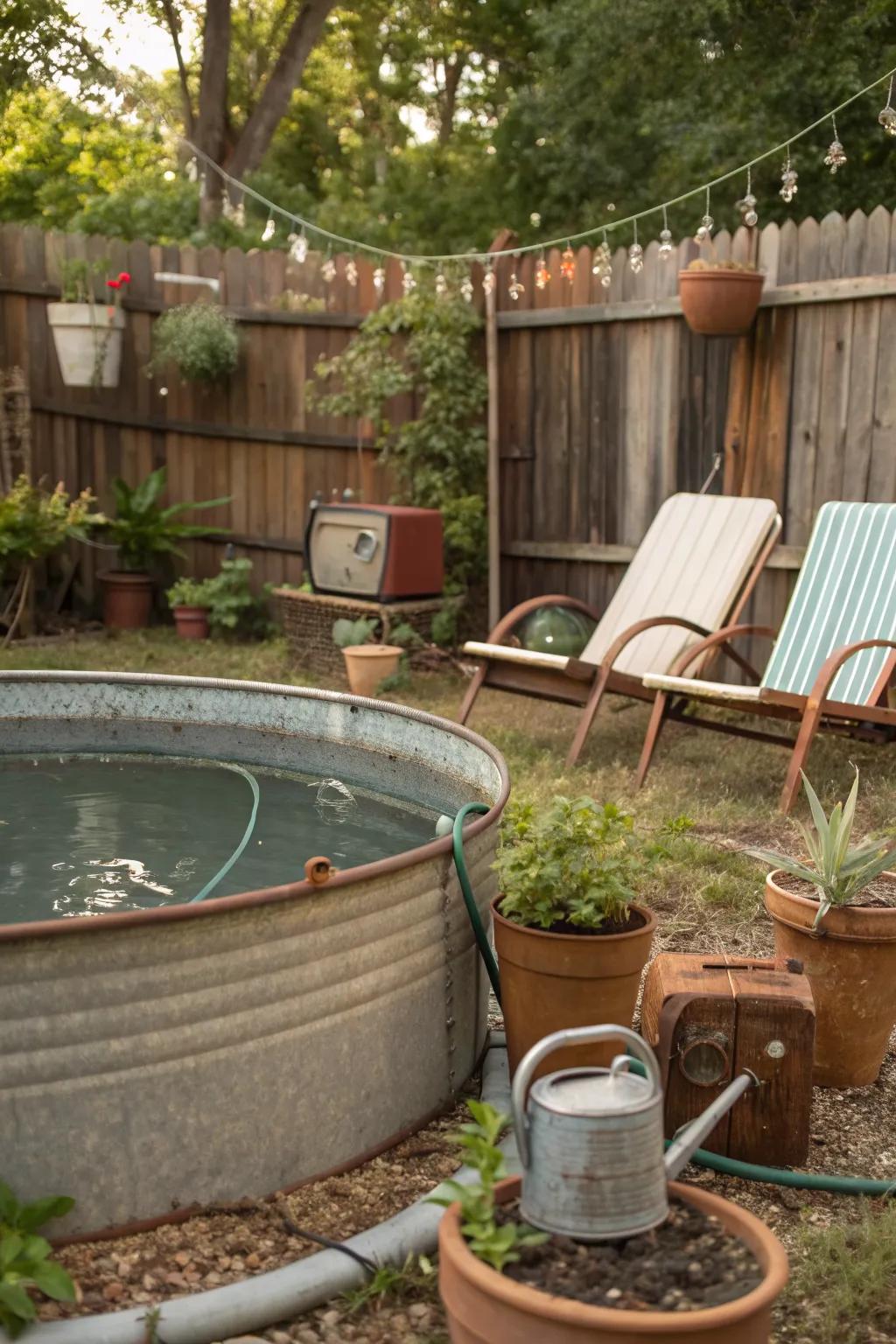 A vintage glam galvanized pool setup.