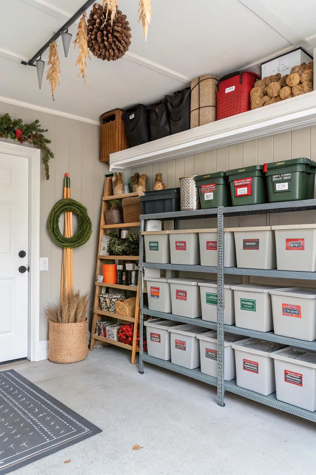 A seasonal storage hub within a garage shed.