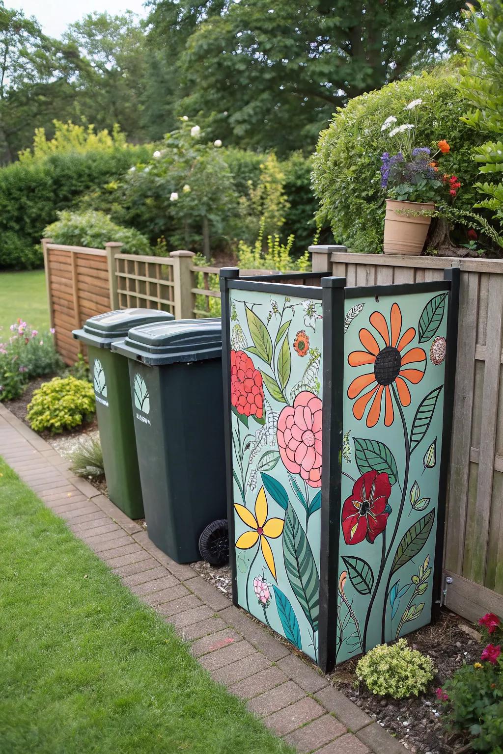 Artistic garden panels providing a creative and personal screen for garbage cans.