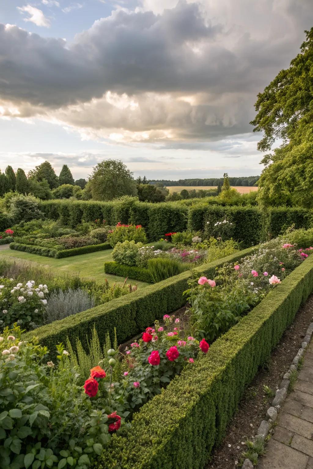 Hedge borders add lushness and privacy.