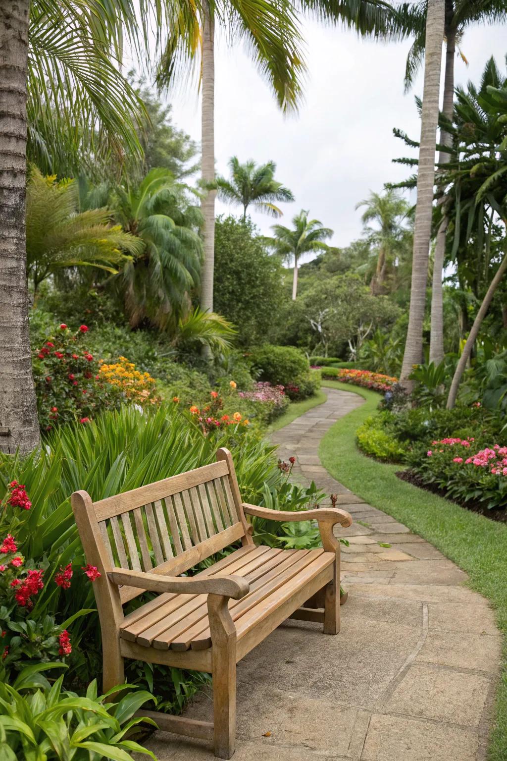A tropical teak bench, both durable and elegant.