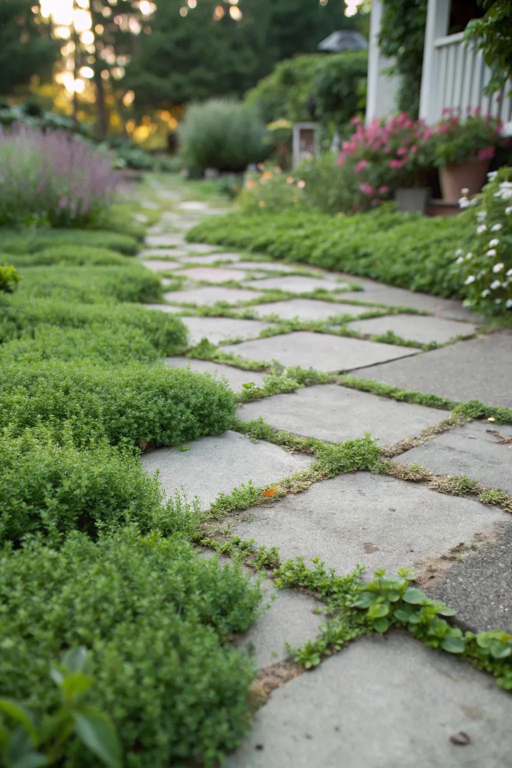 Creeping Thyme providing fragrant ground cover between garden path pavers.