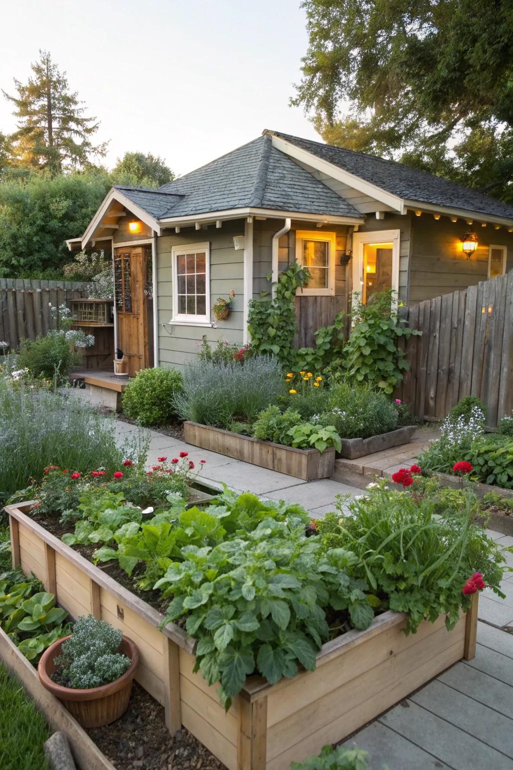 A lush herb garden provides flavor and fragrance in this bungalow's landscape.