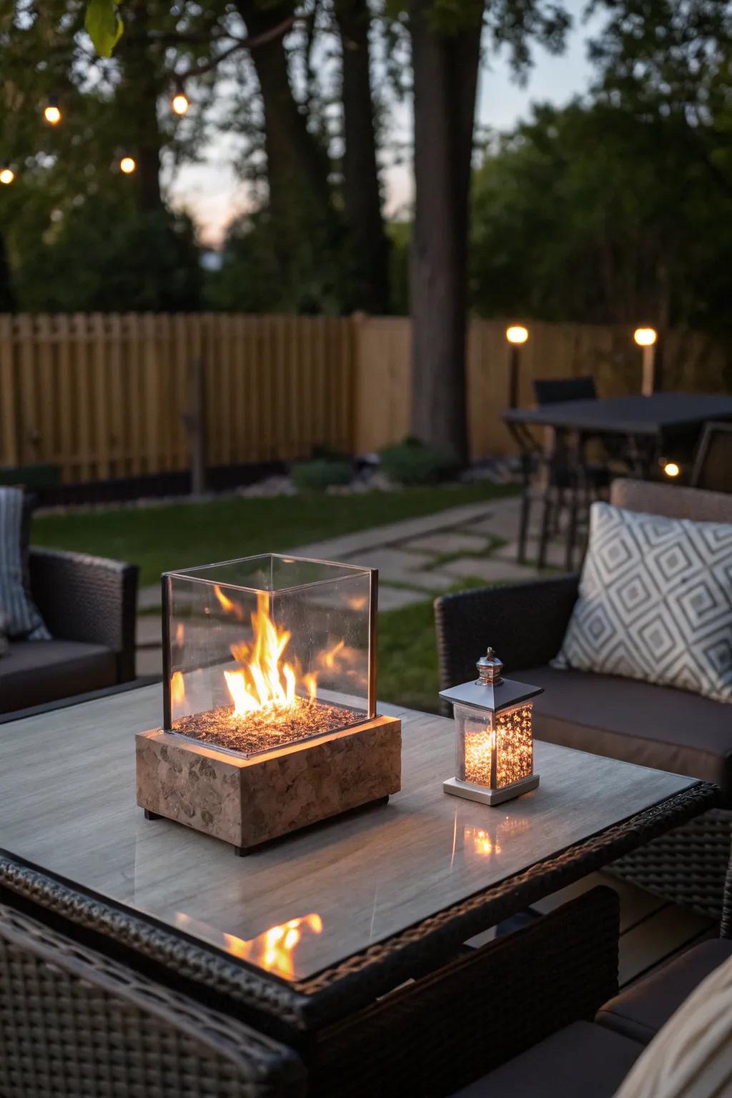 A tabletop fire pit adding cozy charm to an outdoor patio setting.