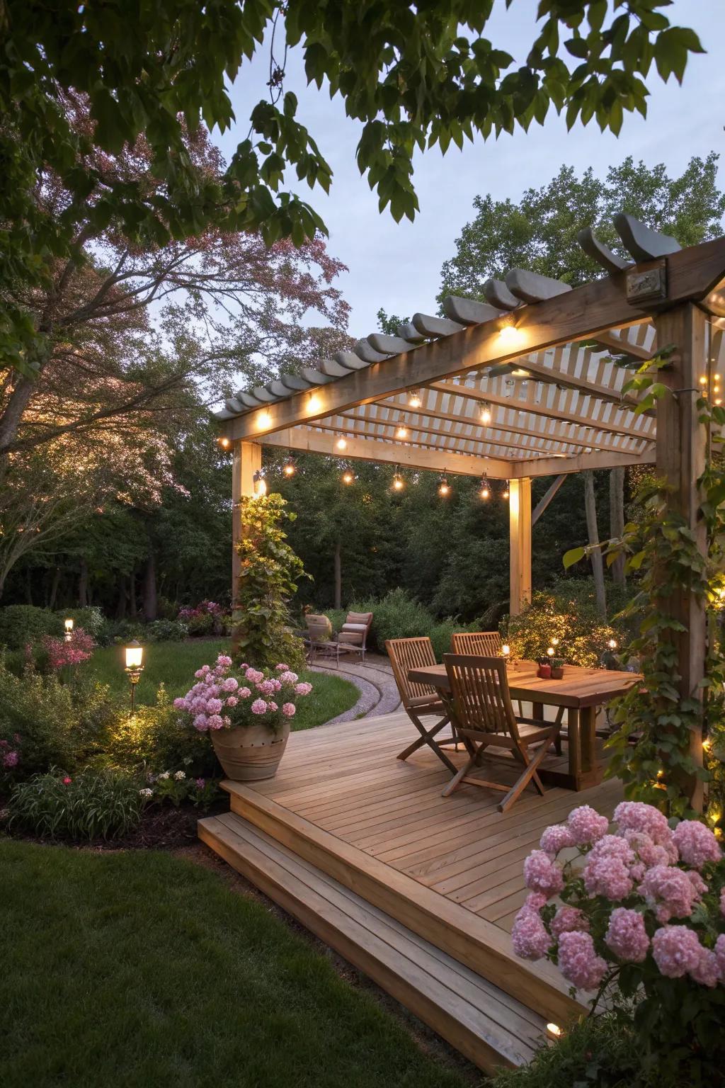 A magical deck ambiance with pergola-hung lights.