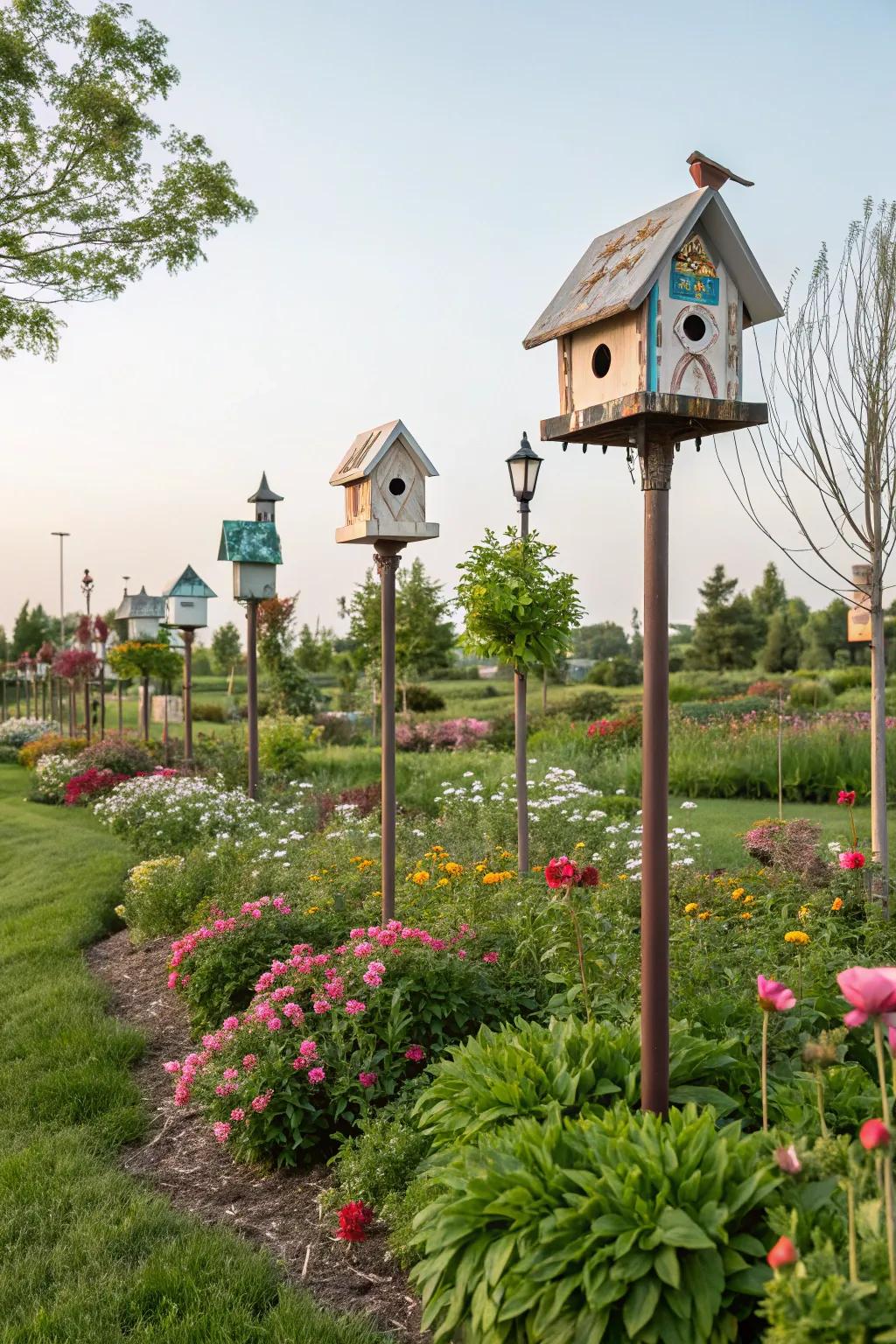 Whimsical birdhouses add charm and attract wildlife to the garden.
