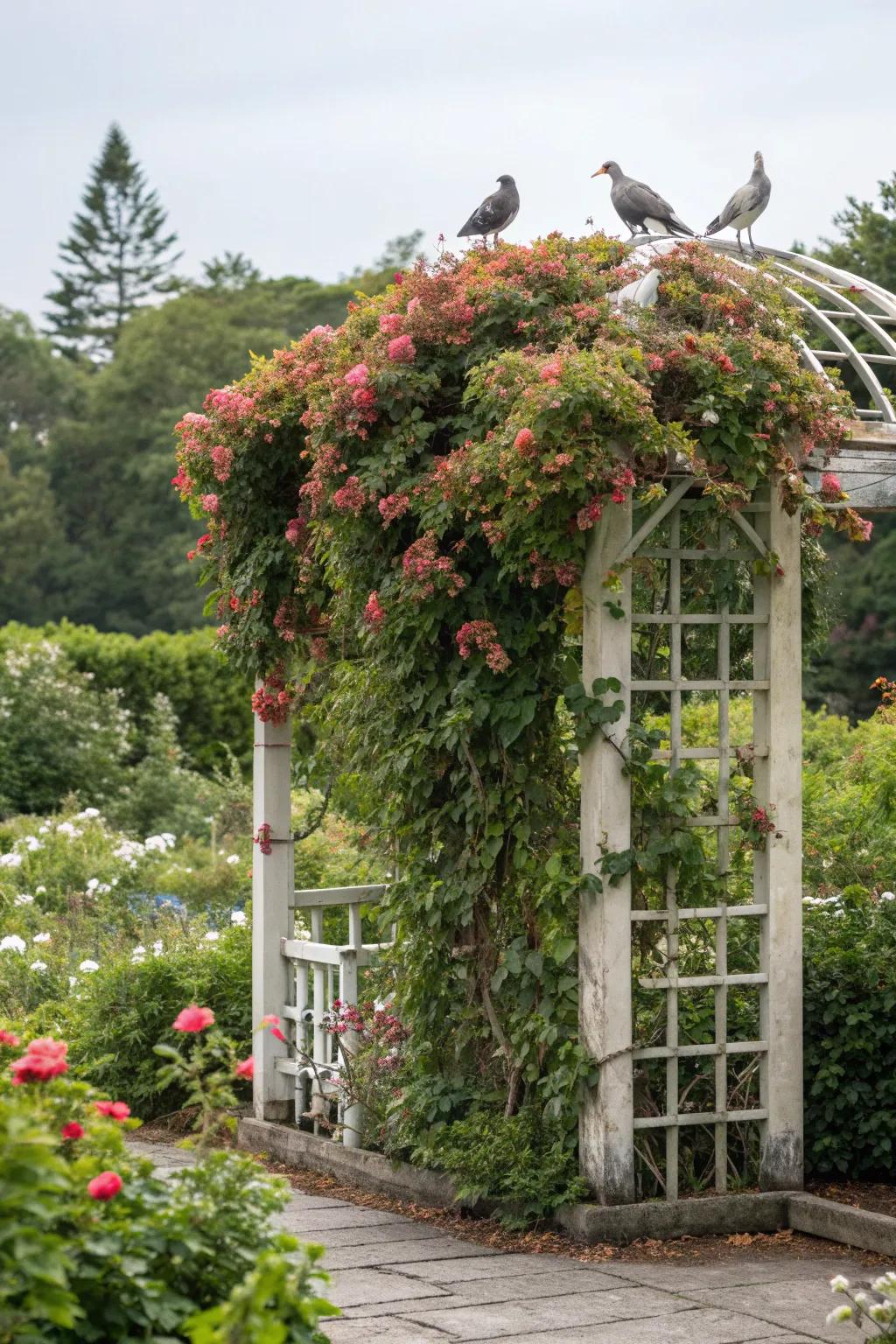 Climbing plants adding vertical interest and habitat.