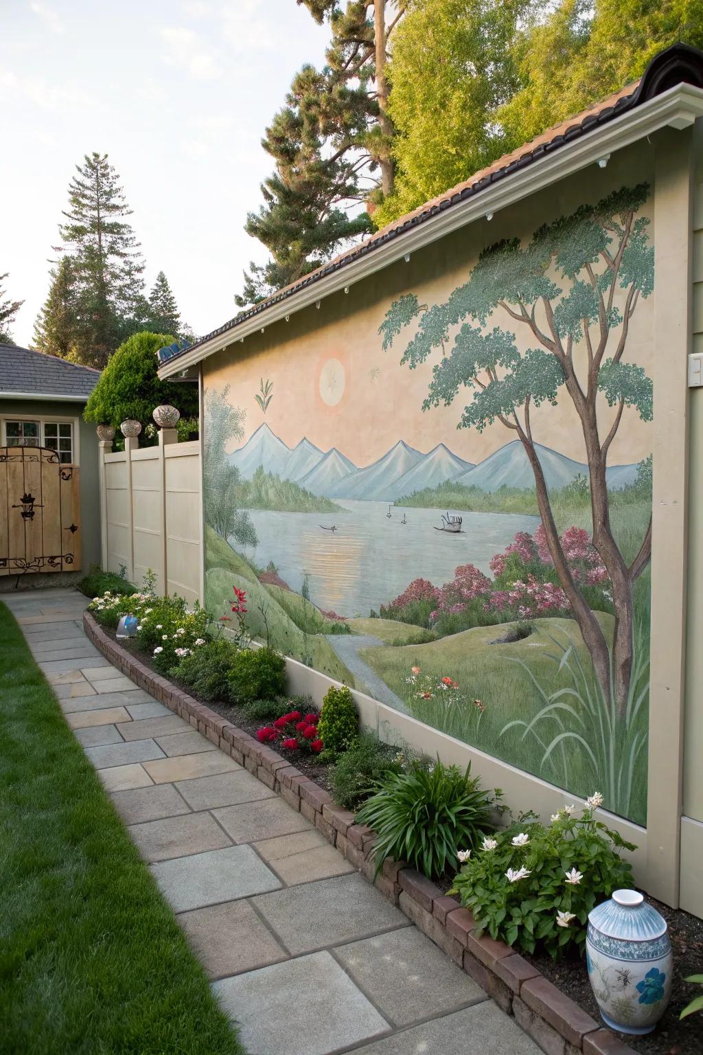 Zen landscape murals offer a peaceful retreat in your garden.