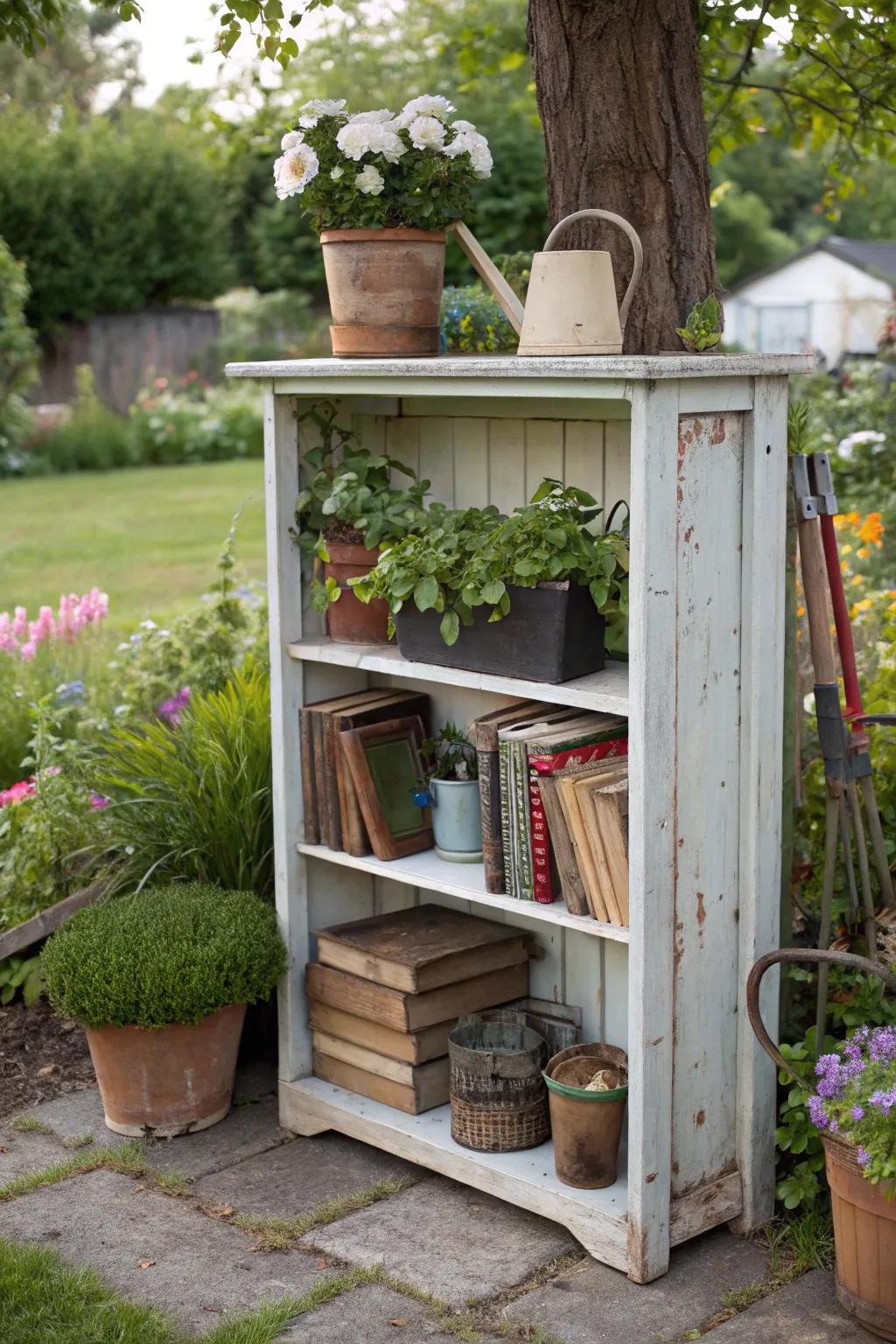 A bookshelf finds new life as garden storage