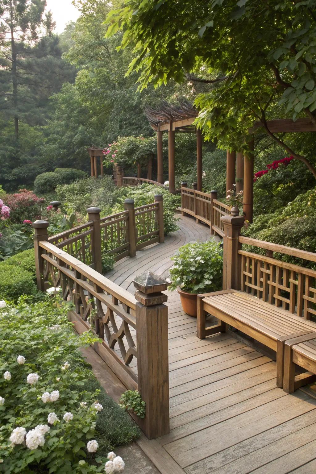 Integrated seating in railings offers a stylish and functional garden solution.