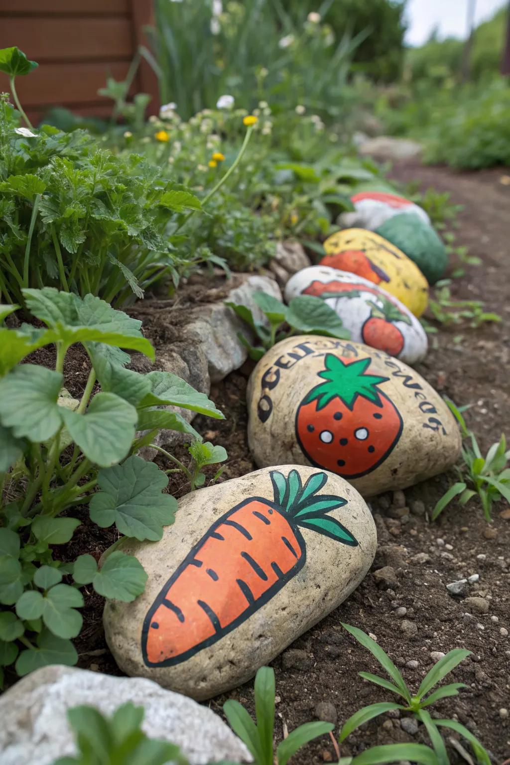 Painted vegetable rocks add a playful touch to kitchen gardens.