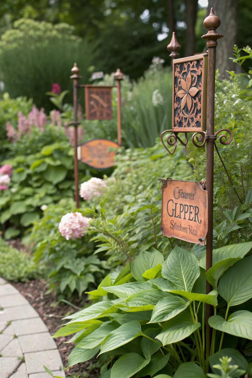 Elegant copper signs with a natural patina, enhancing garden elegance.