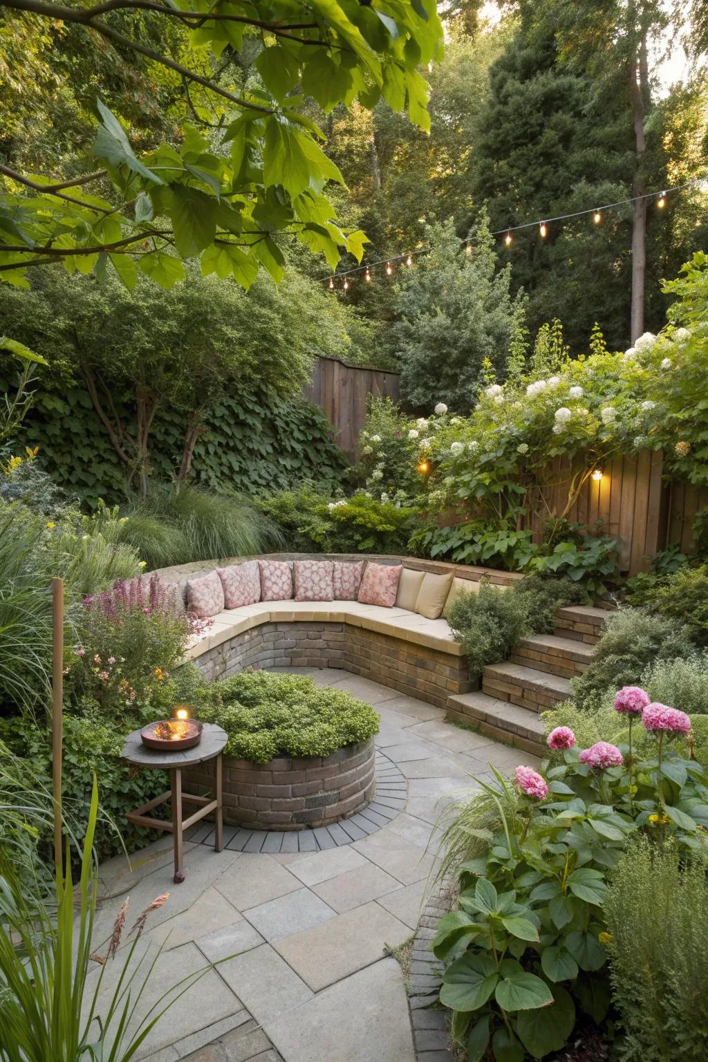 A sunken seating area offers a unique and cozy garden experience.