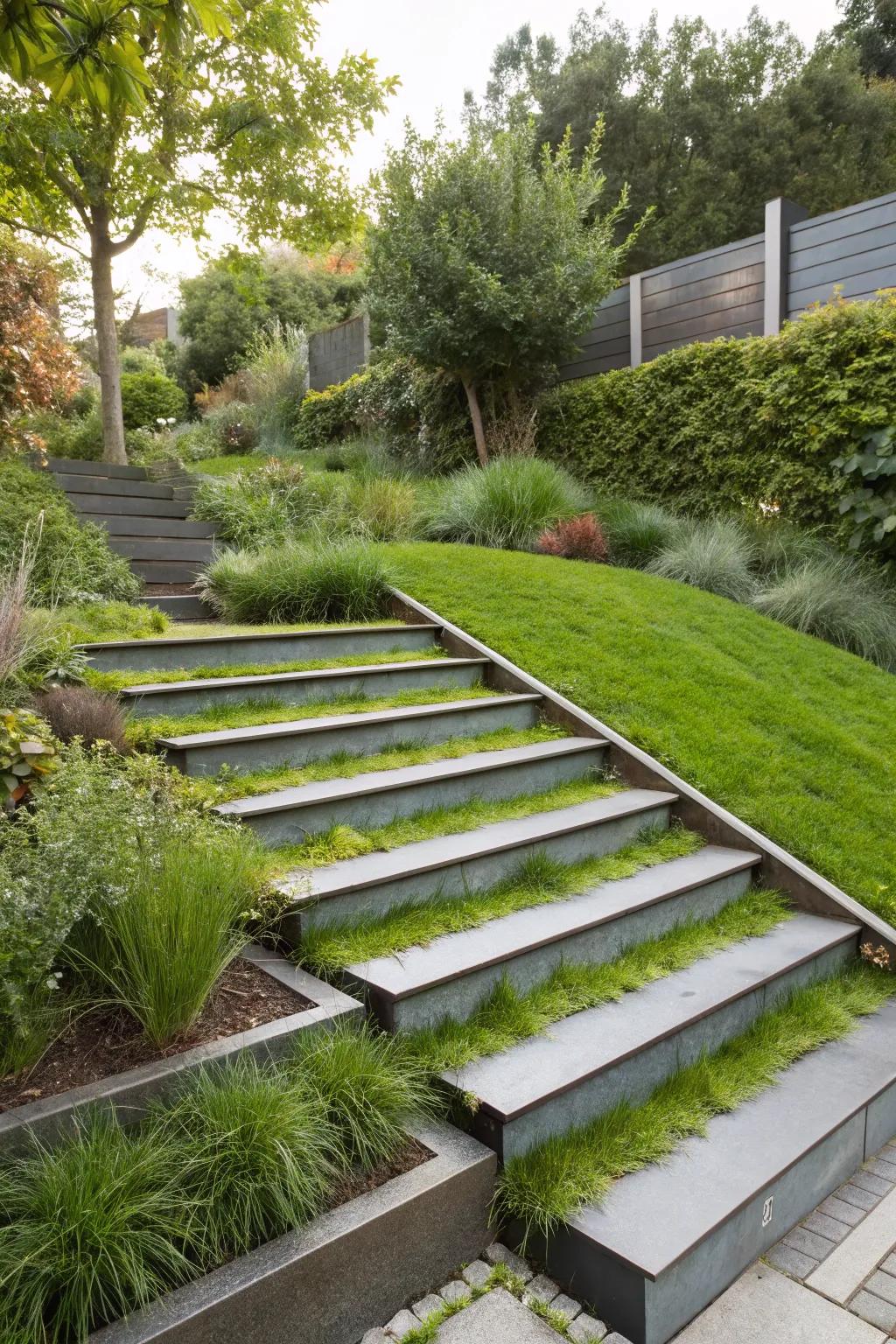Sleek steel and grass stairs offering a modern garden twist.
