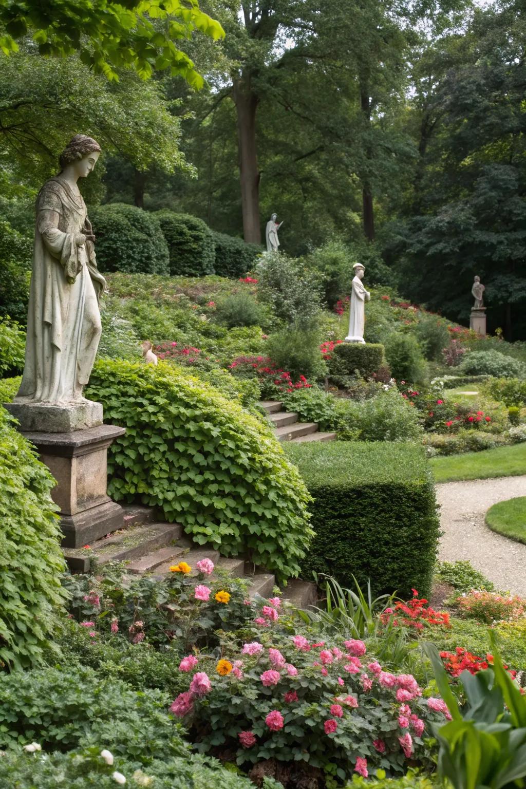 Layered statue displays add depth and dimension to your garden.