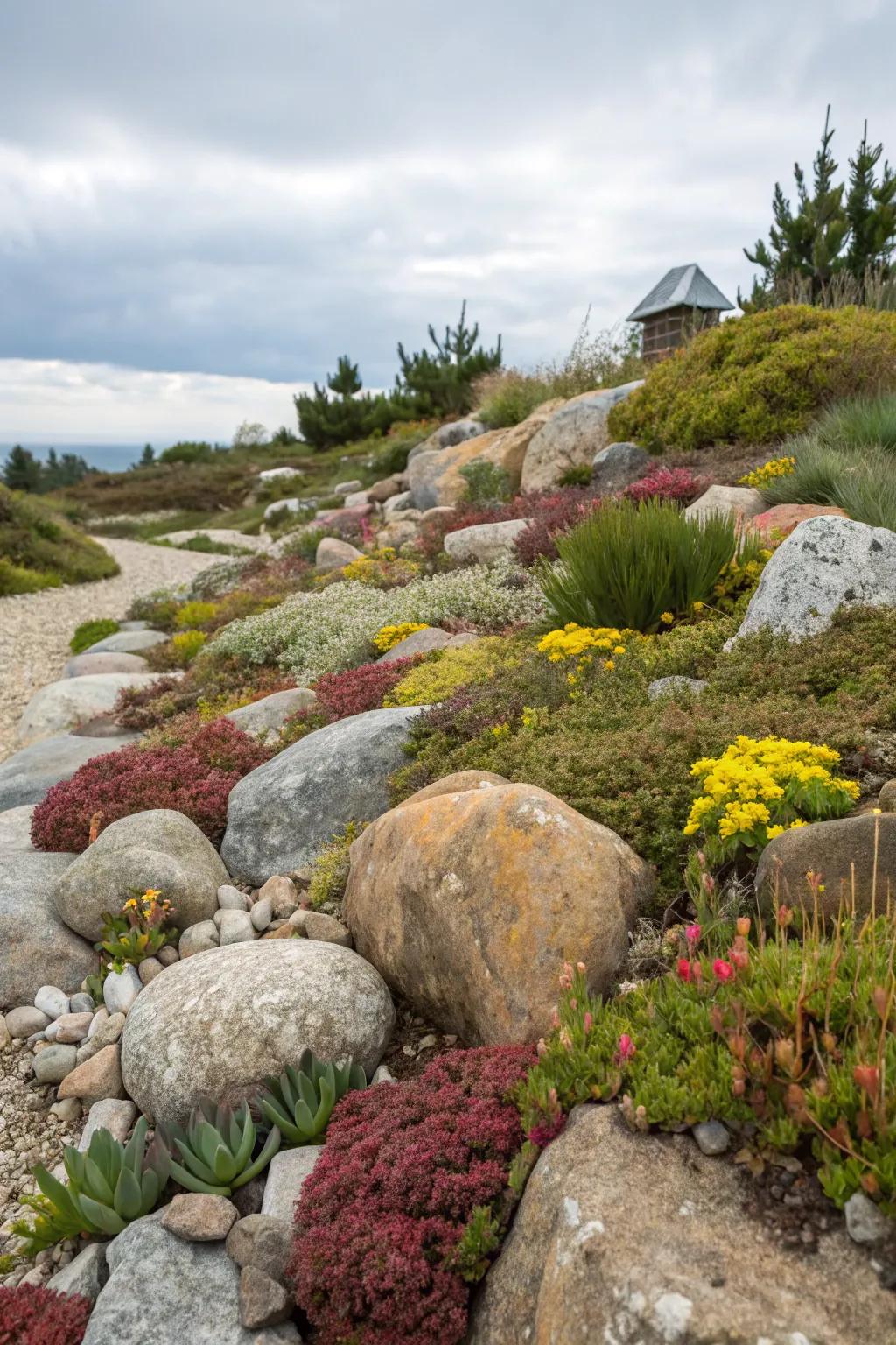 Stone rockeries showcase alpine plants in layered settings.
