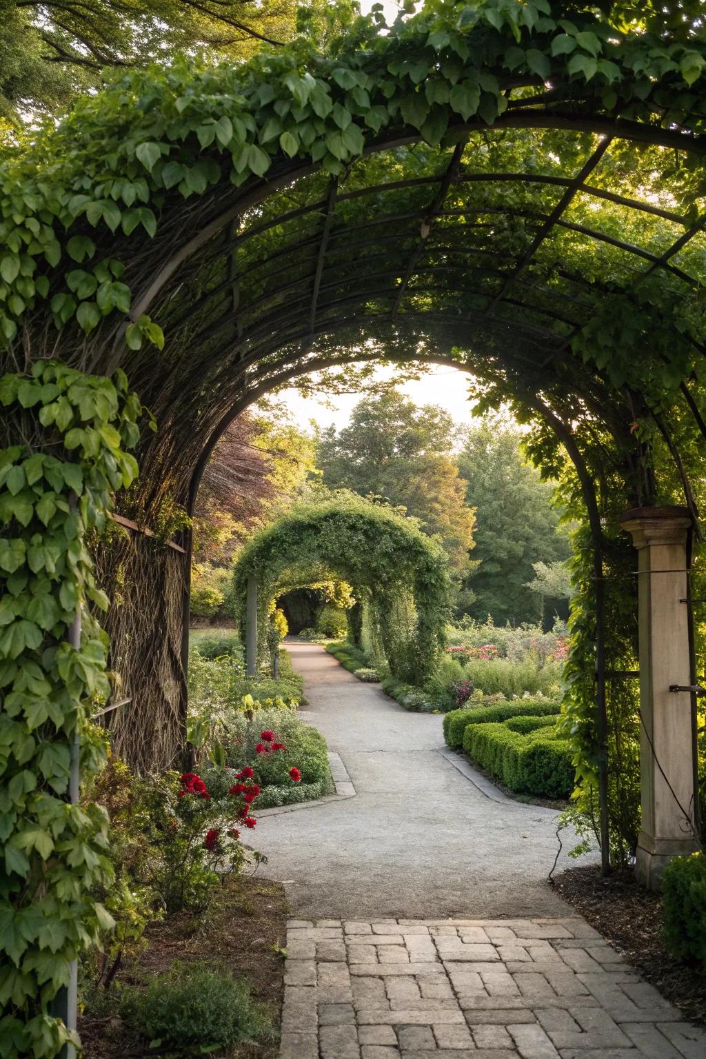 A trellis archway offers strong plant support and a lush garden entrance.