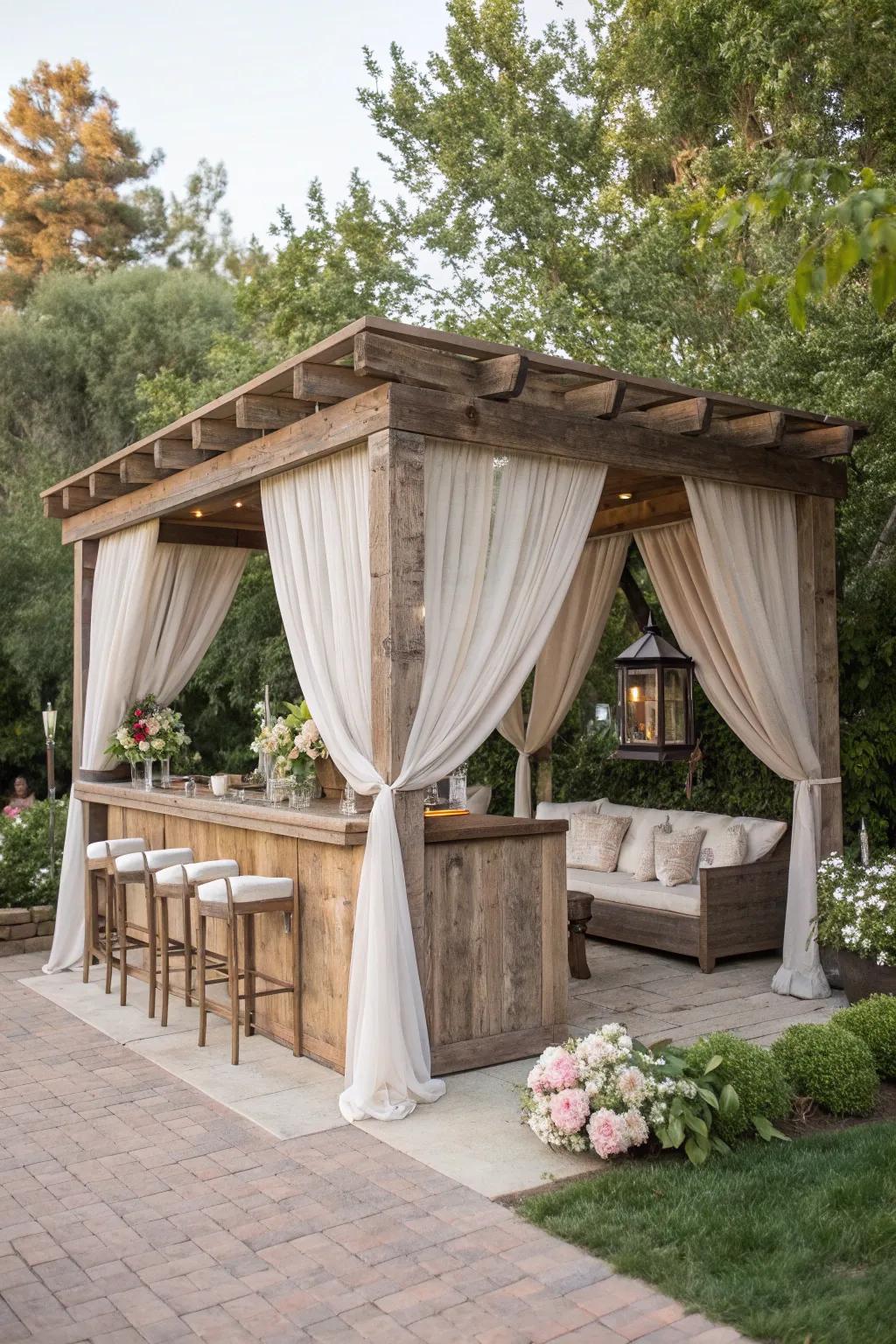 A rustic chic gazebo bar that merges earthy and stylish elements.