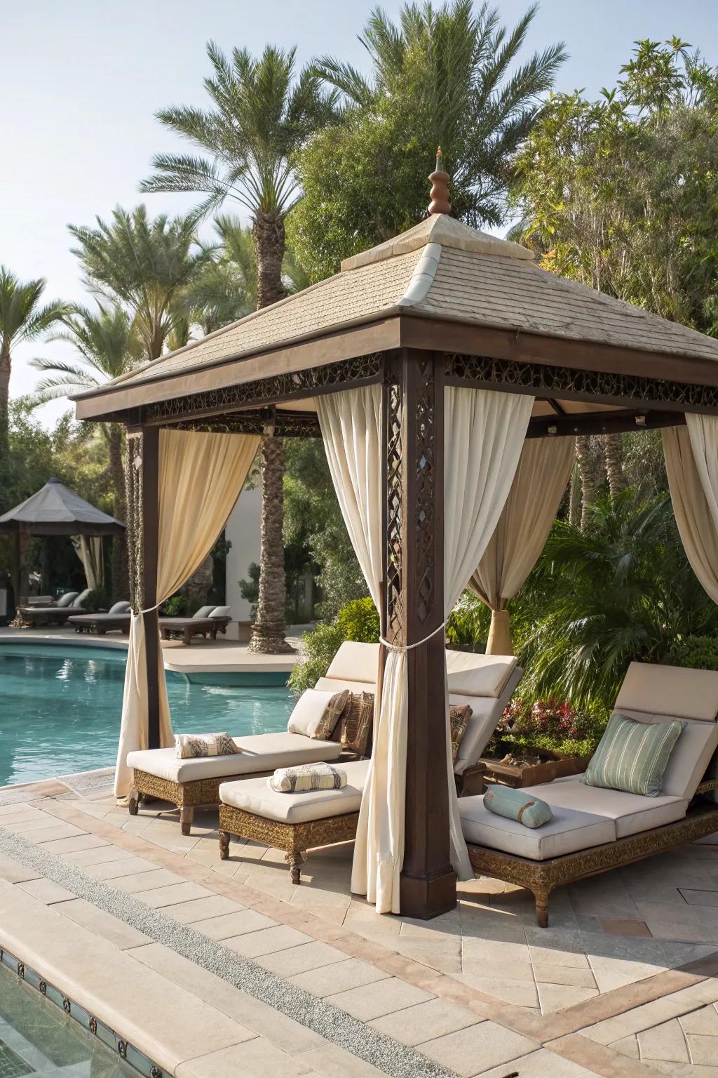 A luxurious poolside gazebo perfect for relaxation.
