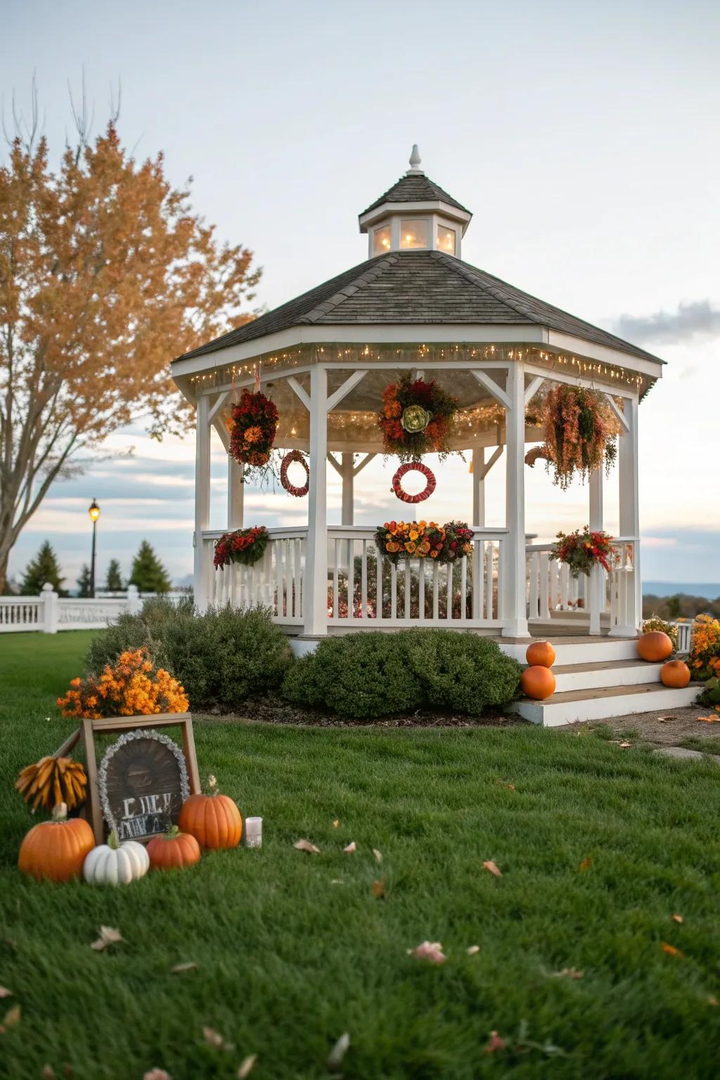 Seasonal decor brings fresh charm and versatility to this lovely gazebo.