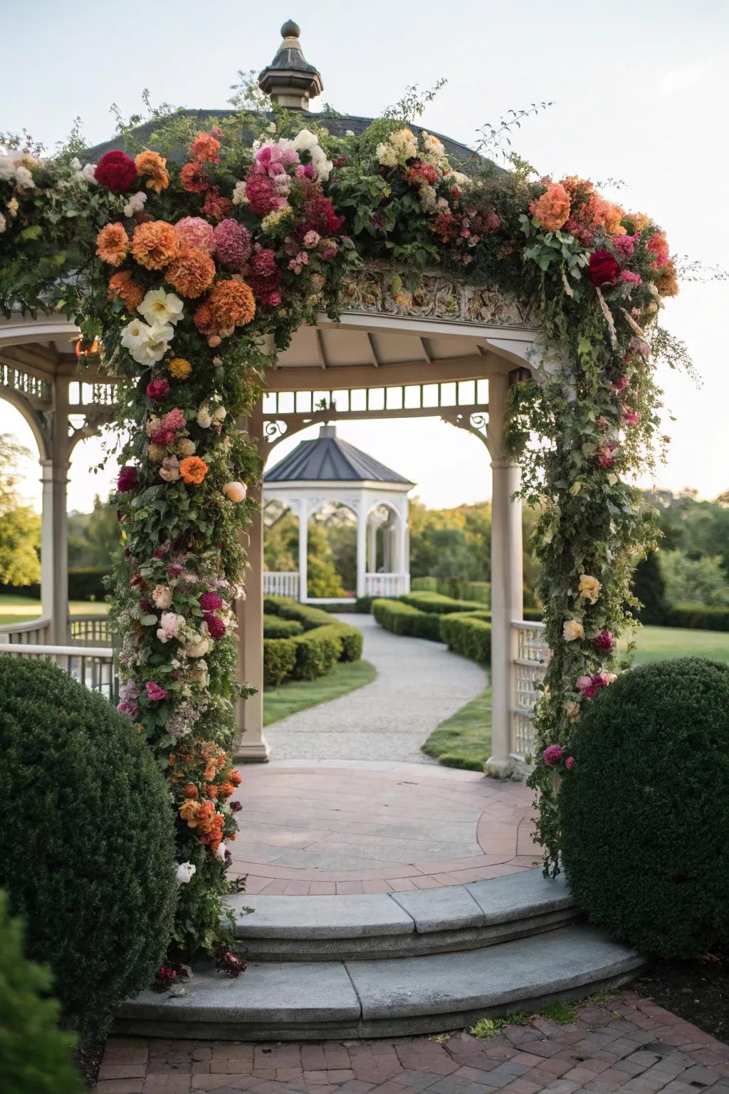 Floral arches create a grand entryway.