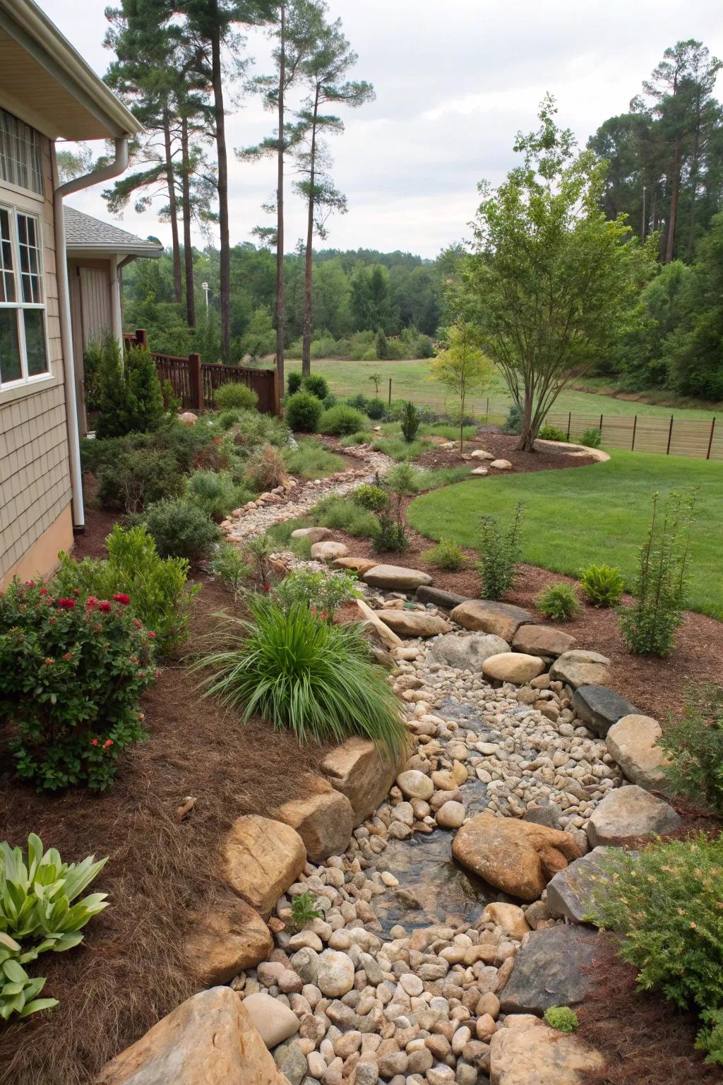 Dry creek beds manage runoff and add natural beauty.