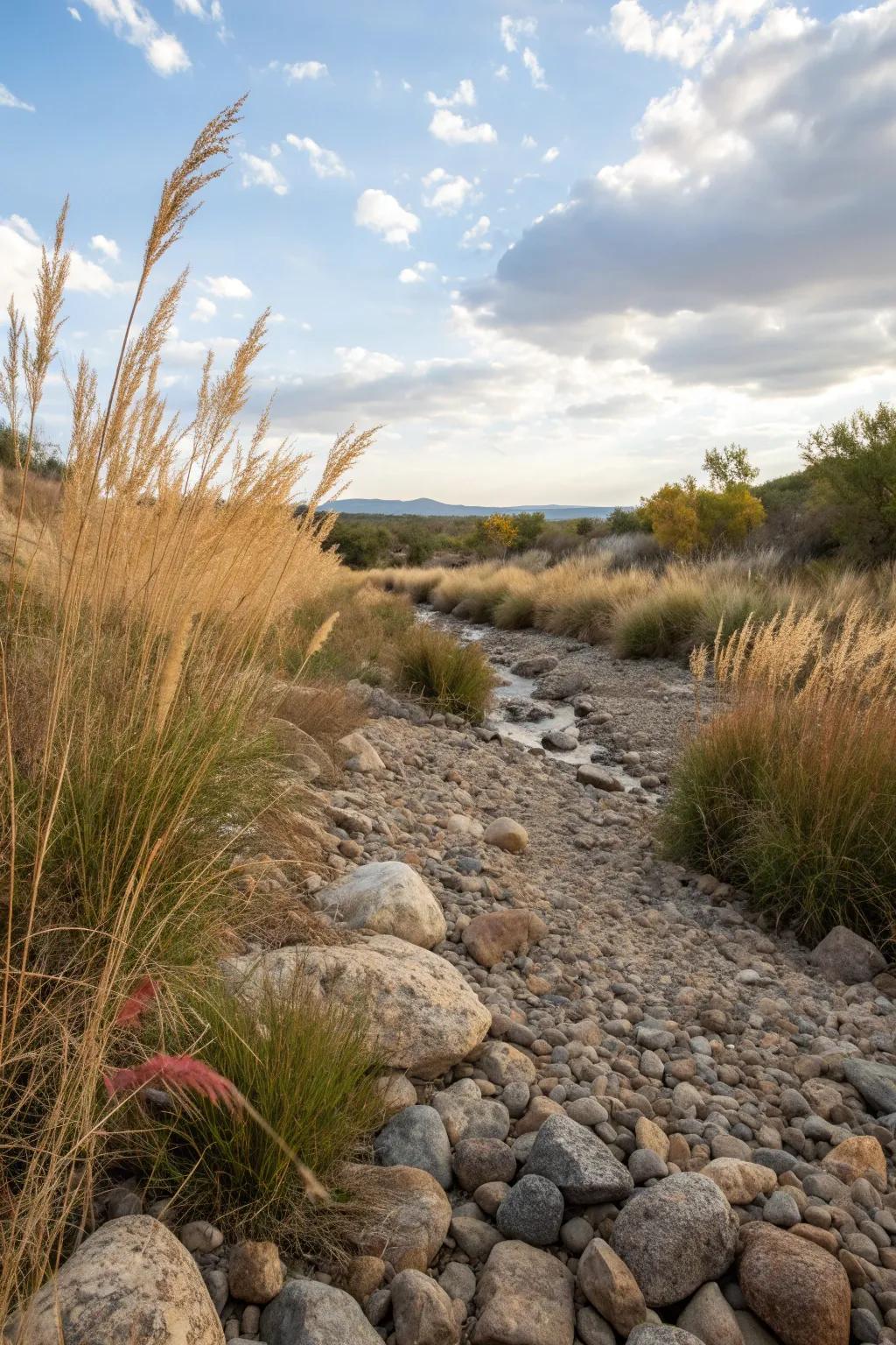 A dry creek bed offering both function and aesthetic appeal.