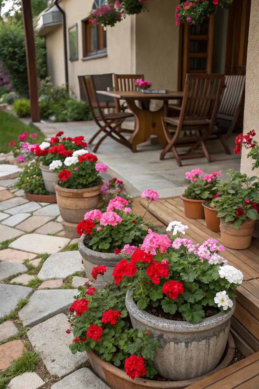 A patio oasis with creatively arranged pots of vibrant geraniums.