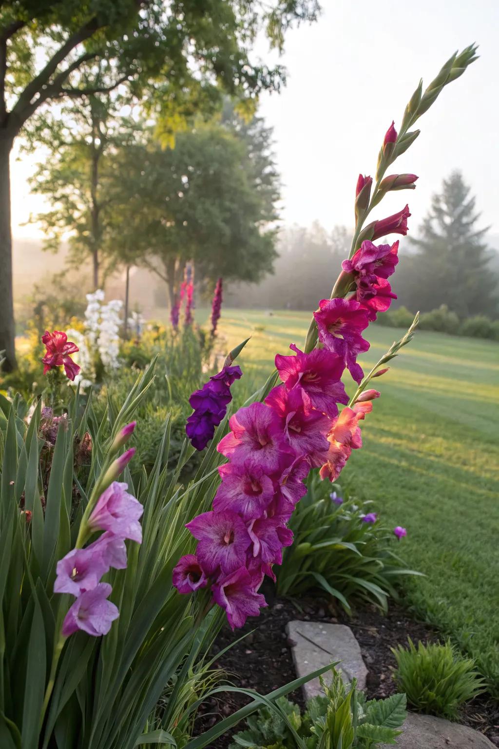 Surprise garden corners enhanced with gladiolus blooms.