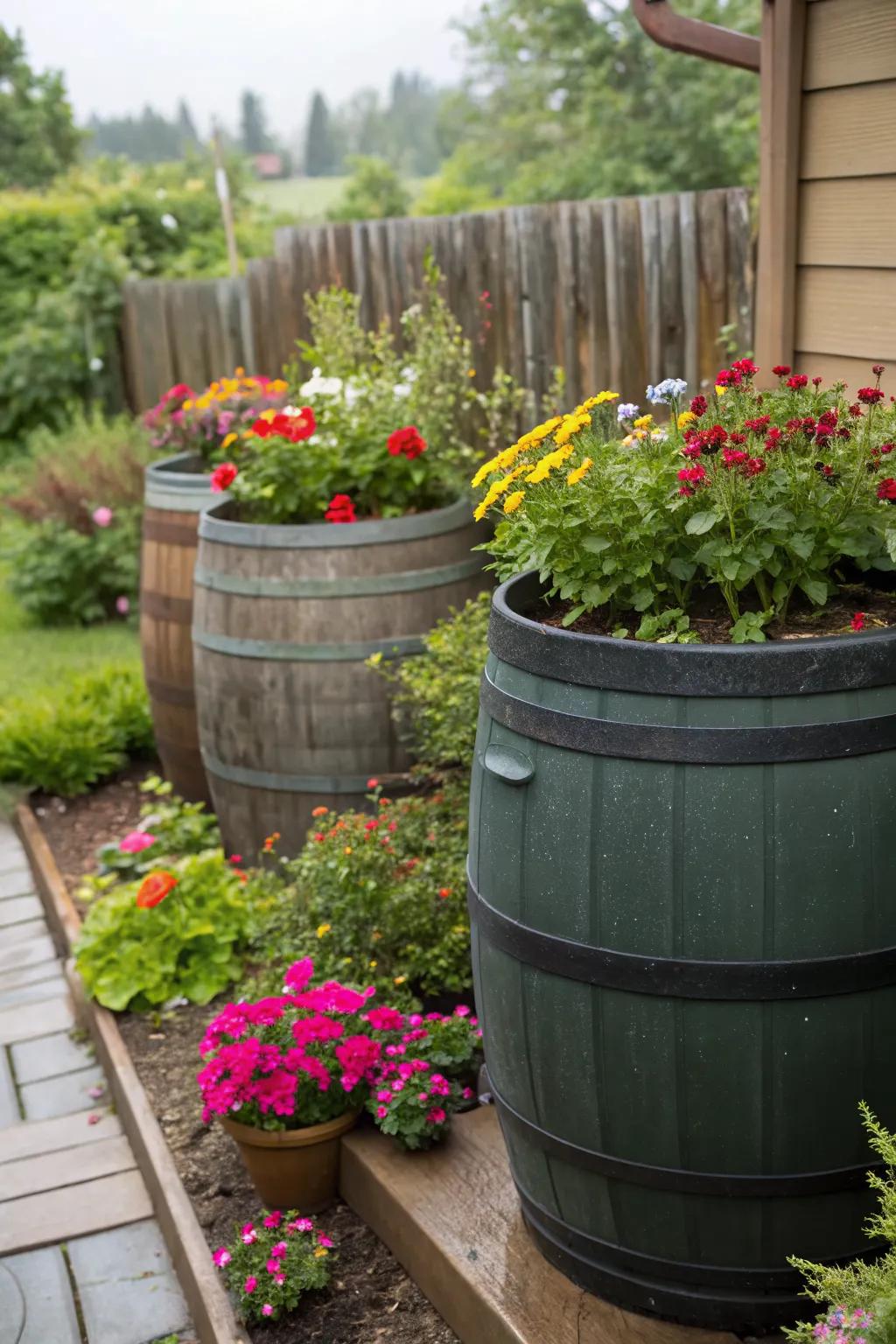 Rain barrels showcasing vibrant integrated planters