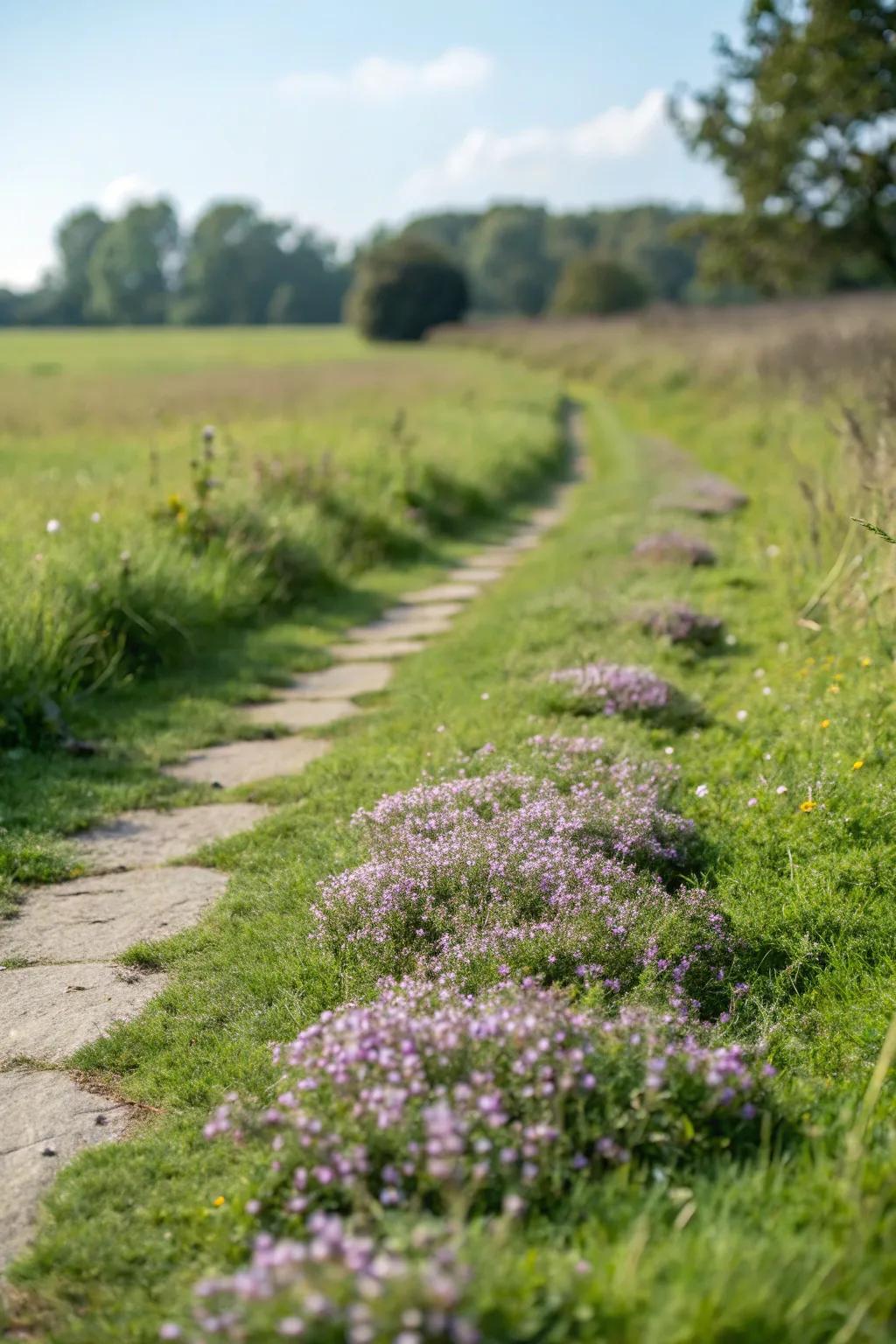 A fragrant grassy path with creeping thyme.