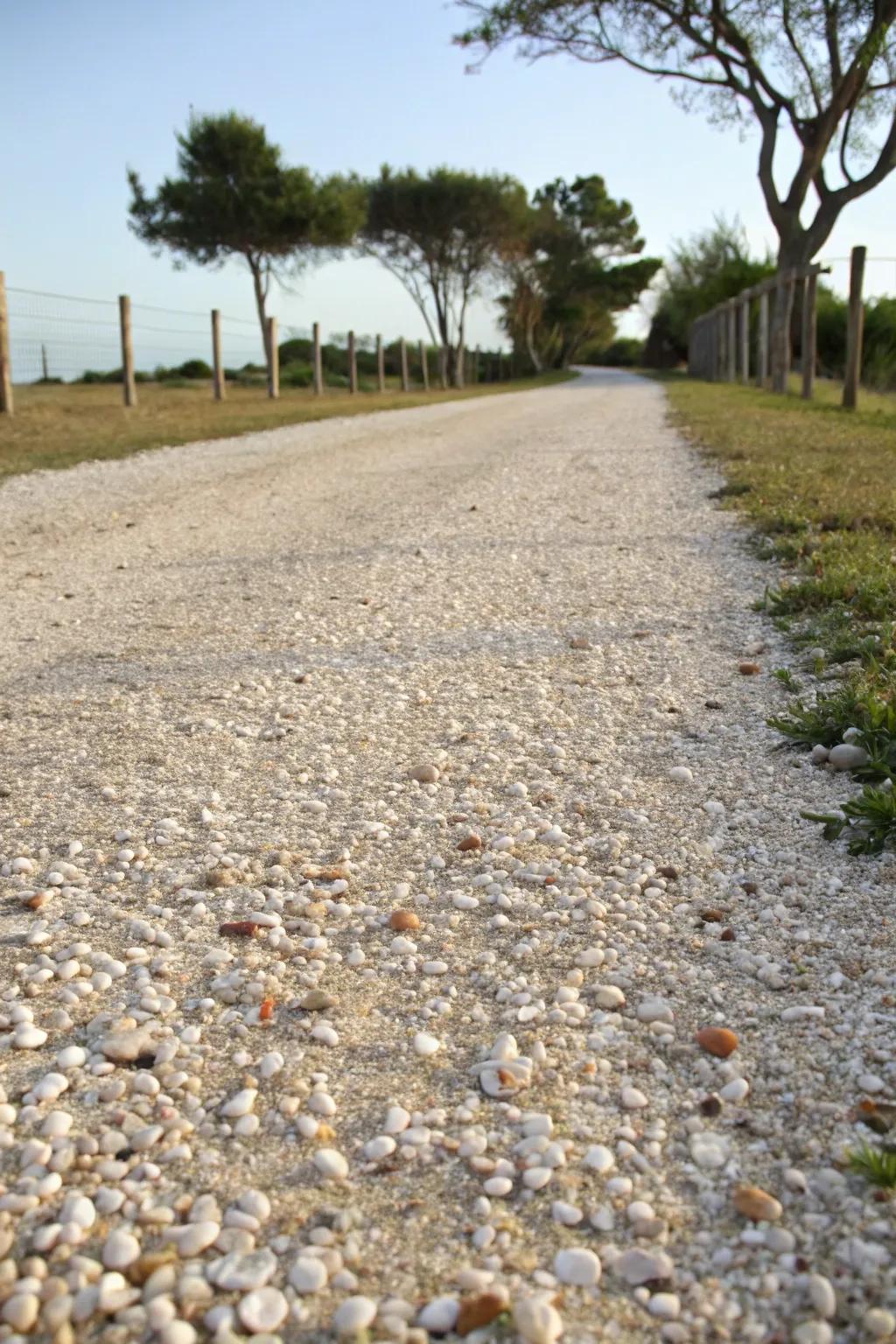 A coastal-inspired gravel driveway with seashell accents.