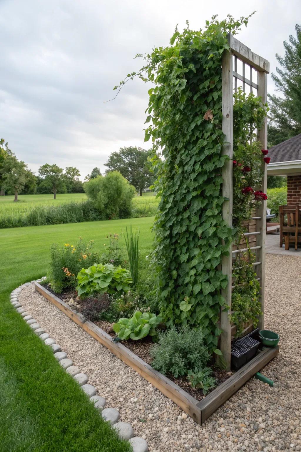Maximize space with a vertical garden and gravel.