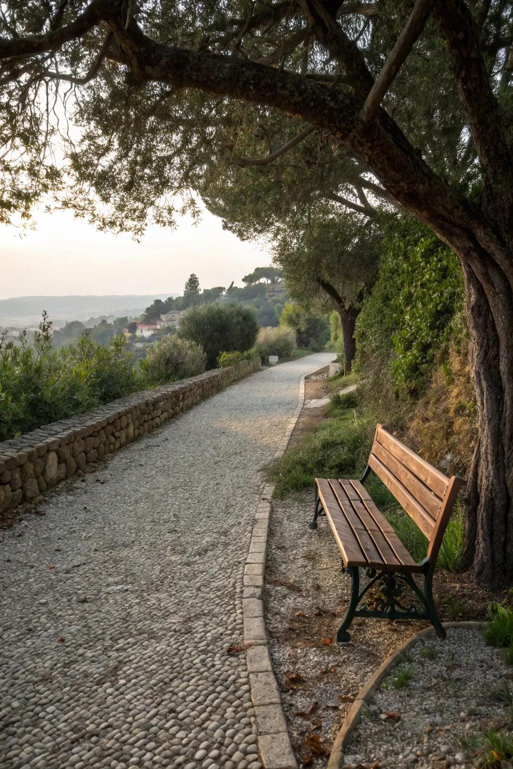 A cozy seating area alongside a gravel path for peaceful pauses.