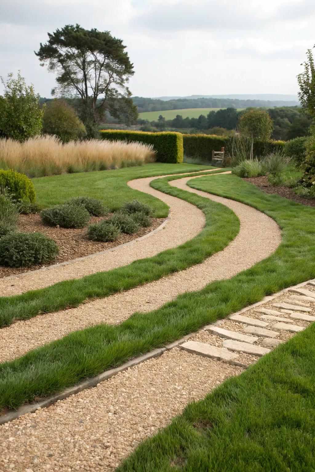 A contemporary gravel path with lush grass strips