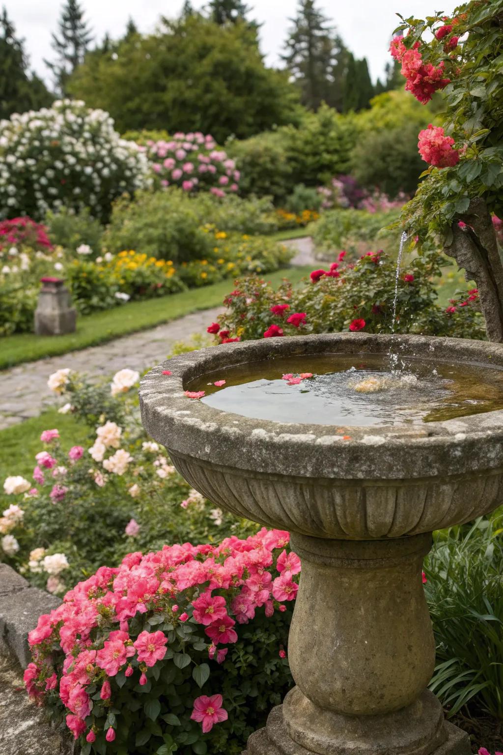 A stone water basin adds tranquility and attracts wildlife to gardens.