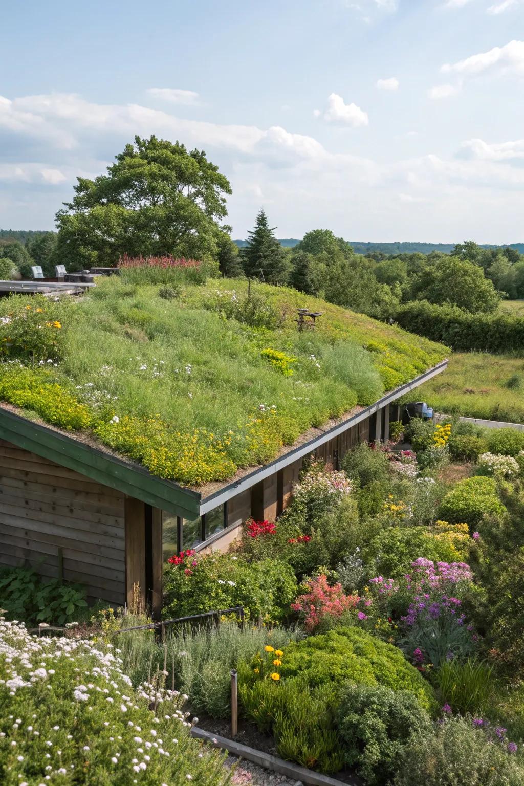 A green roof serving as a wildlife sanctuary with diverse plant life.