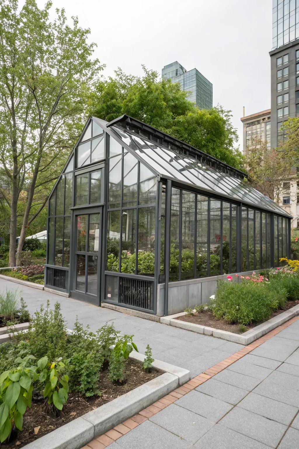 Bold industrial chic greenhouse in an urban setting.