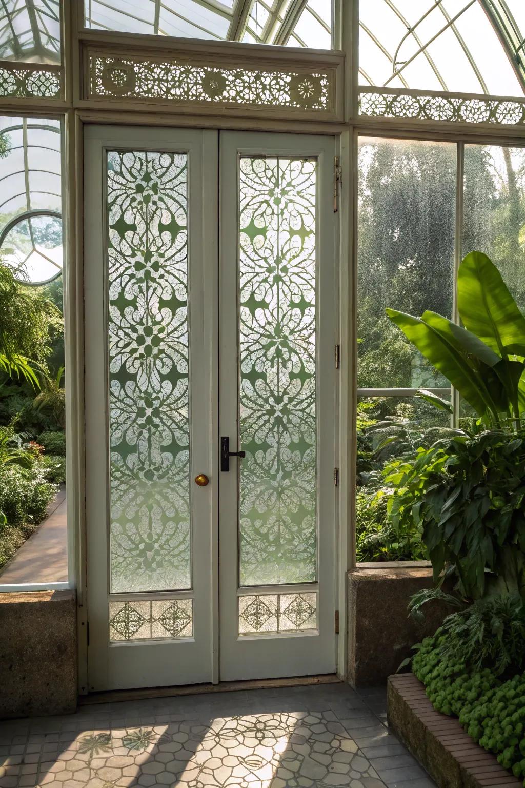Add a touch of artistry with patterned glass greenhouse doors.