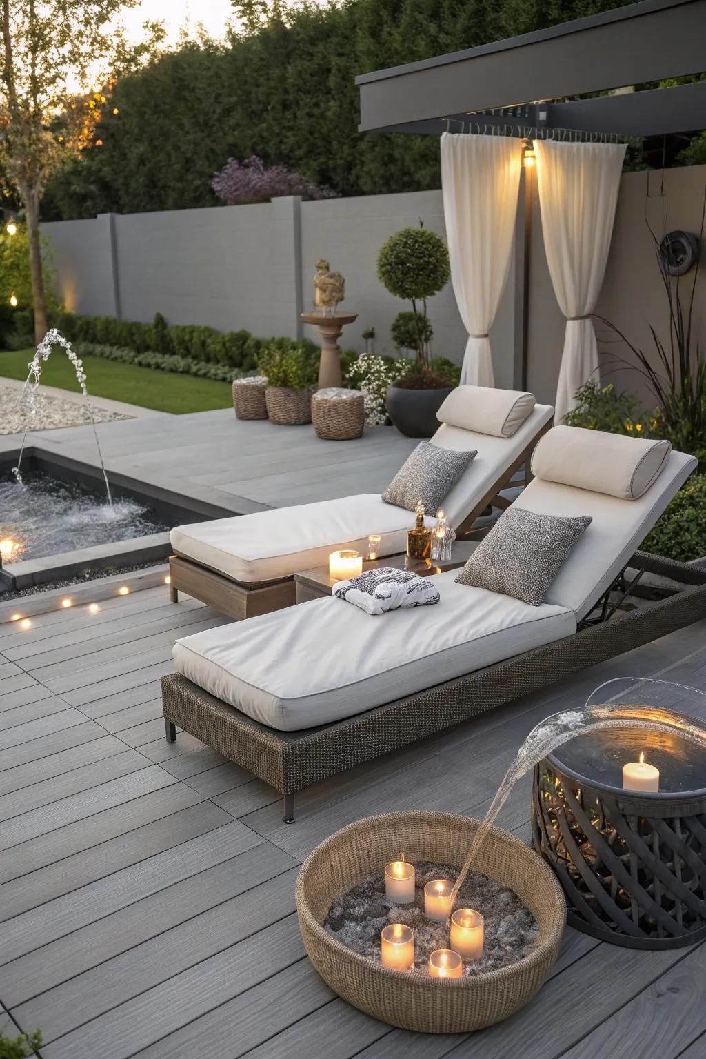 A spa adds a luxurious element to the outdoor space.