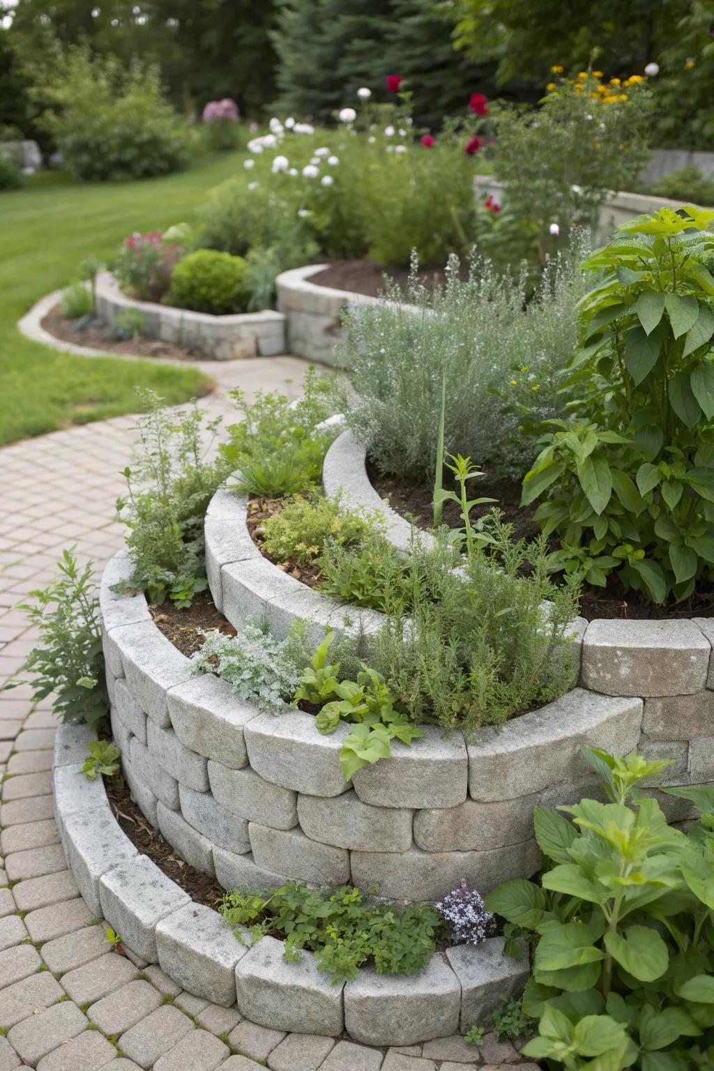 A grey stone herb spiral providing a unique and practical planting solution.