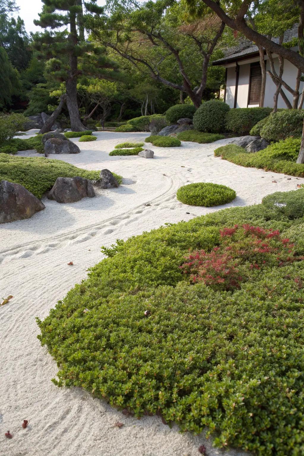 Sandy garden area enhanced by the hardy bearberry ground cover