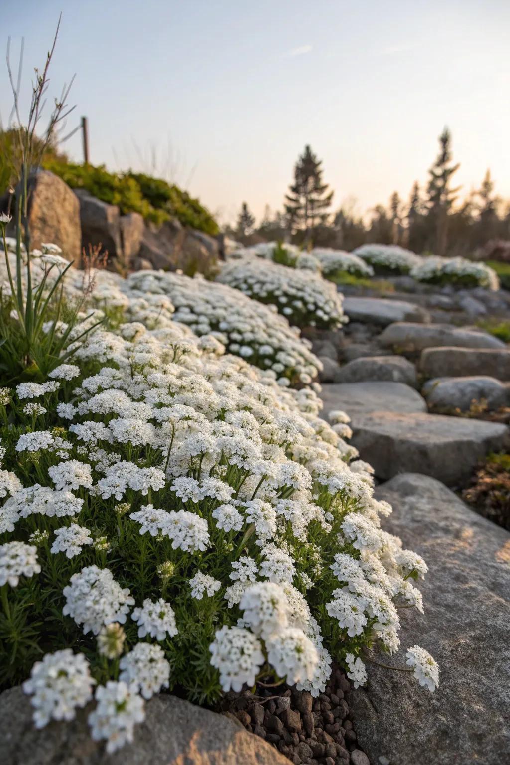 Candytuft creating a pristine white carpet of blooms in a garden border.