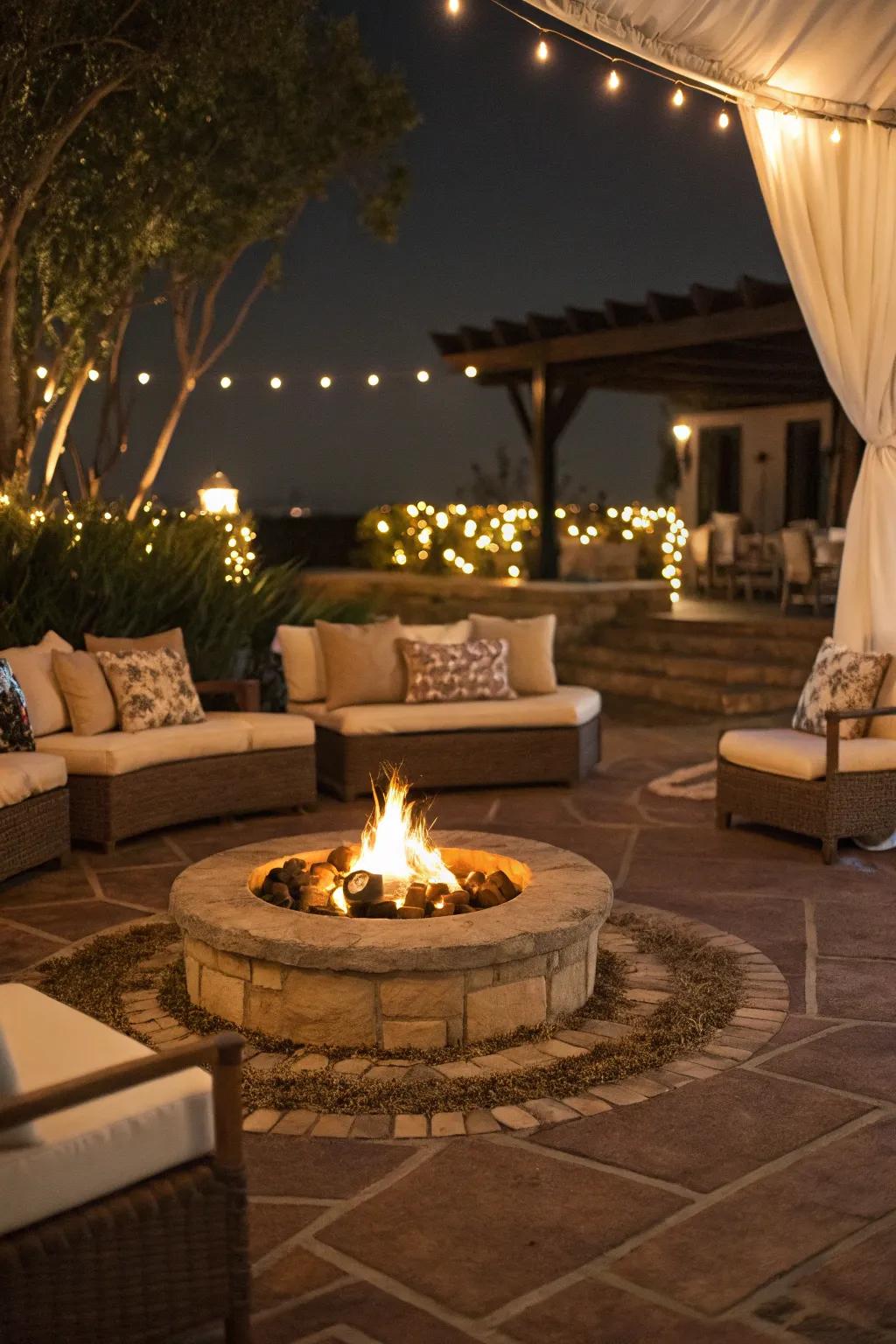 The fire pit serves as the captivating focal point of the deck.