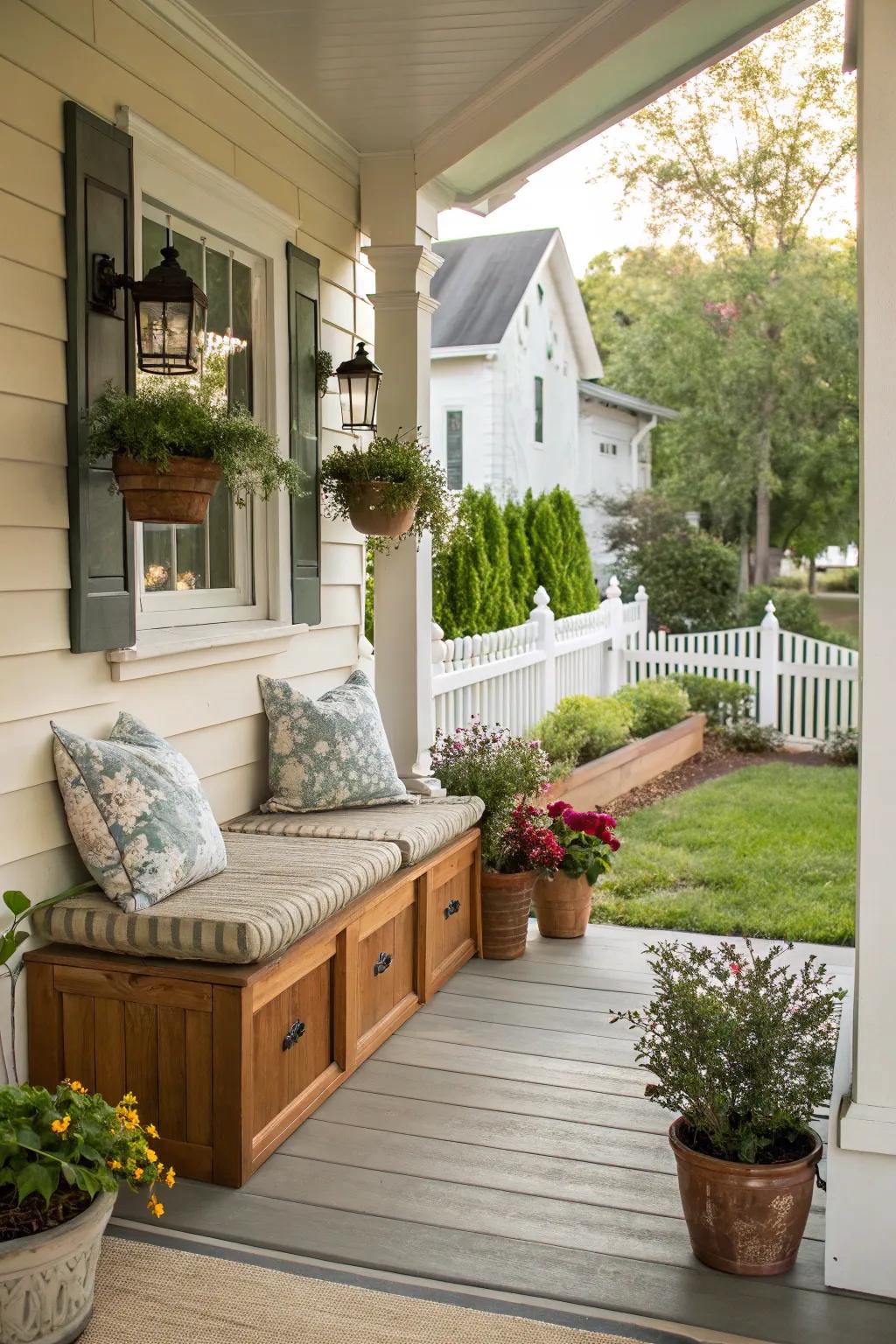 Built-in storage keeps your porch organized and tidy.