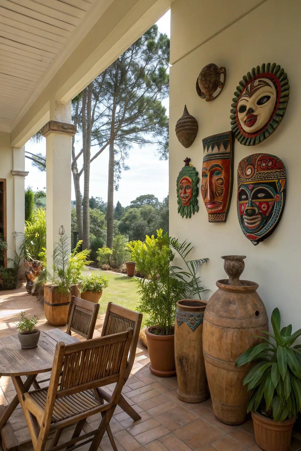 Cultural artifacts add a global style to the patio decor.