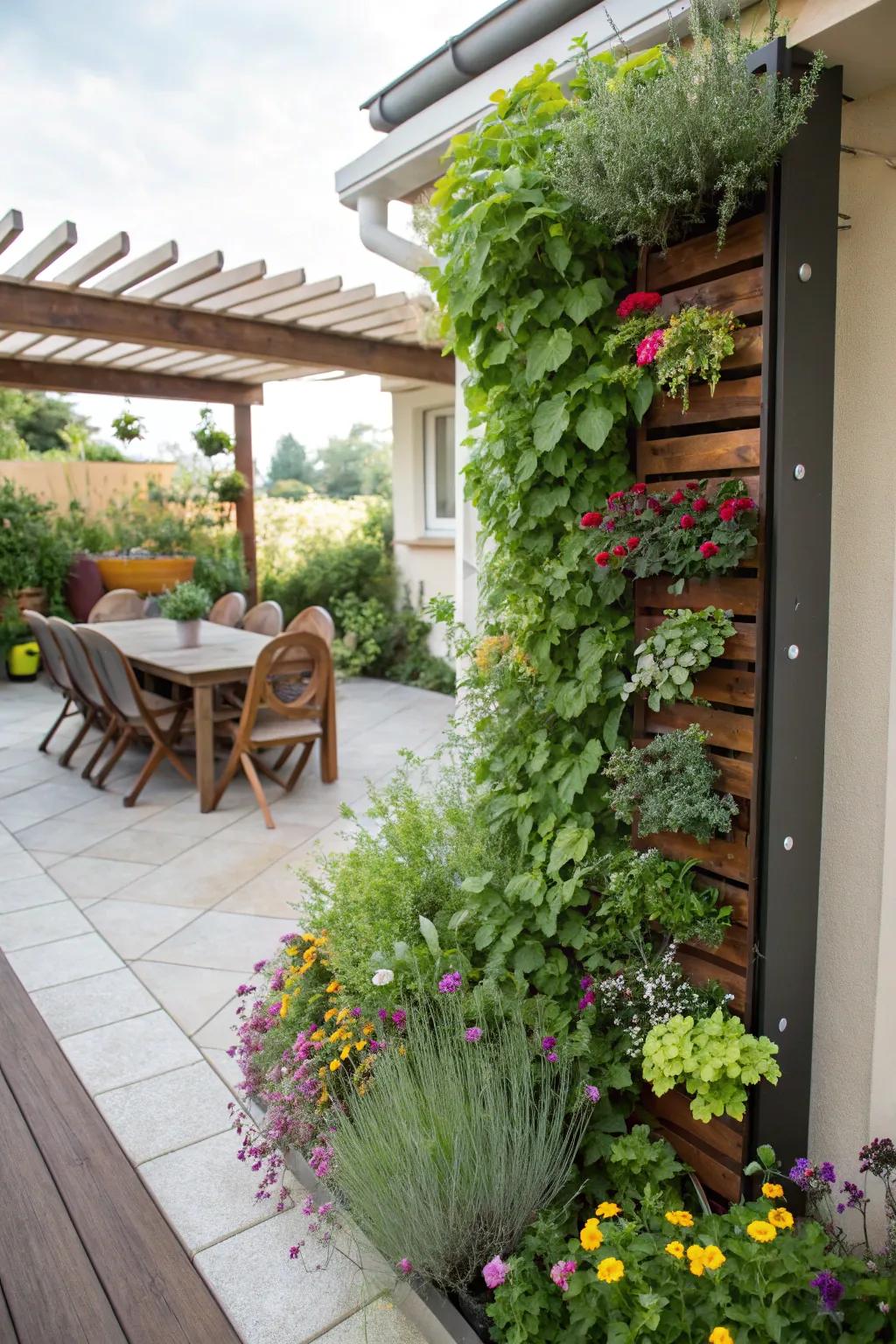 A vertical garden adds greenery and maximizes space on the patio.