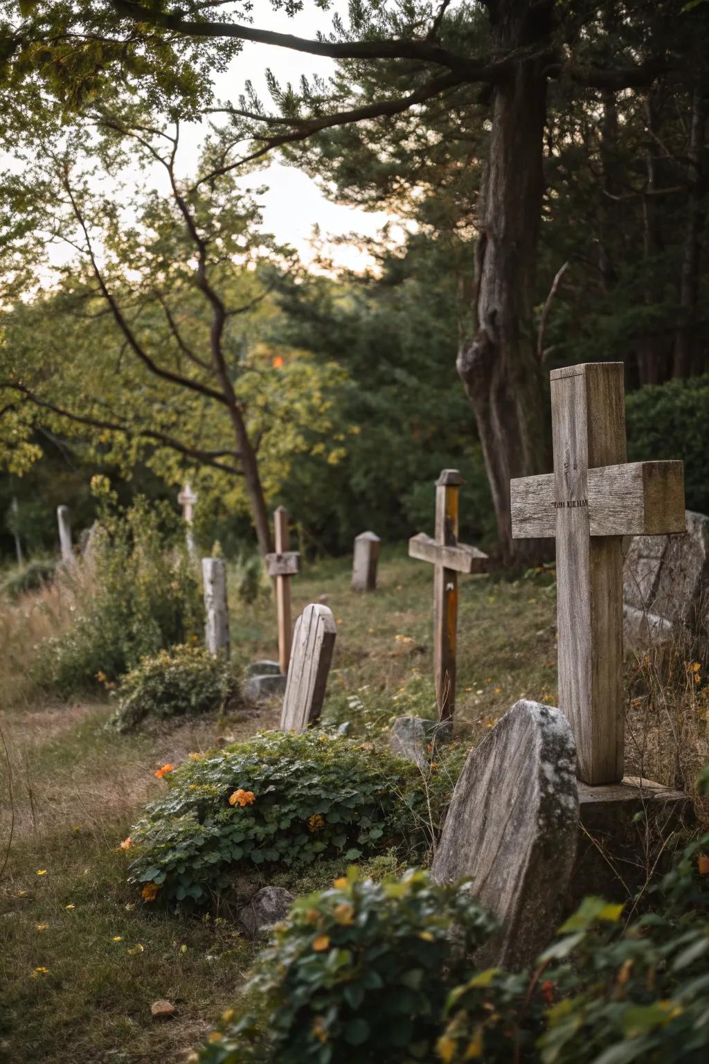 Rustic gravestones harmonize with the natural beauty of your garden.